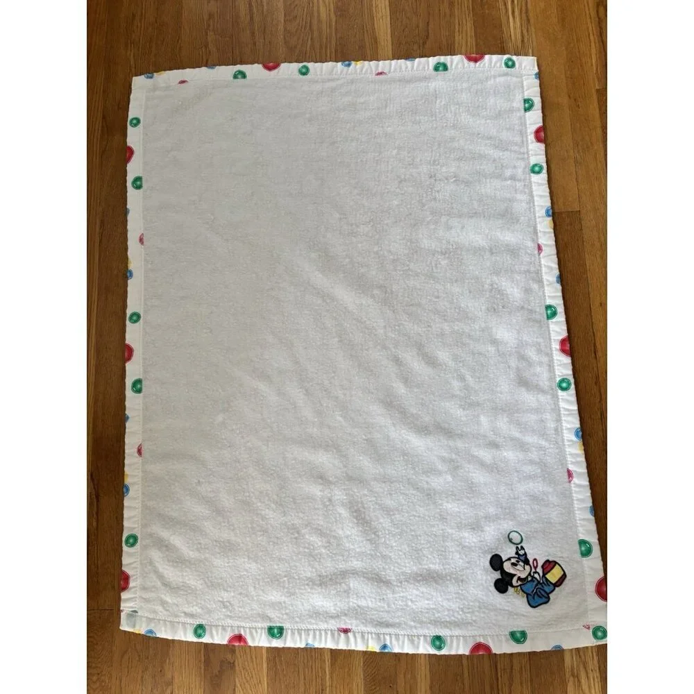 Vintage Disney Babies Mickey Mouse Embroidered White Fleece Blanket 35x45